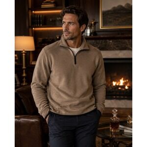 Orvis Mens Tan Quarter Zip Polar Fleece Pullover Sweater Outdoor Tan Small